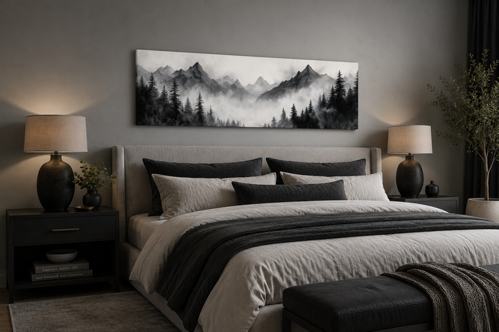 Black and white watercolor foggy mountain forest long horizontal wall art above a bed.
