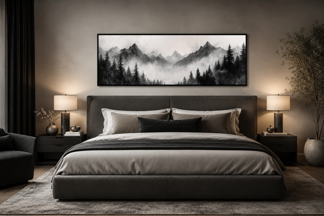 Black and white watercolor foggy mountain forest long horizontal wall art above a bed.