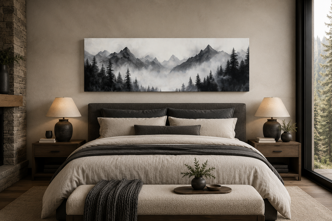 Black and white watercolor foggy mountain forest long horizontal wall art above a bed.