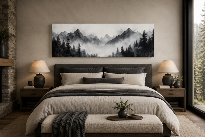 Black and white watercolor foggy mountain forest long horizontal wall art above a bed.