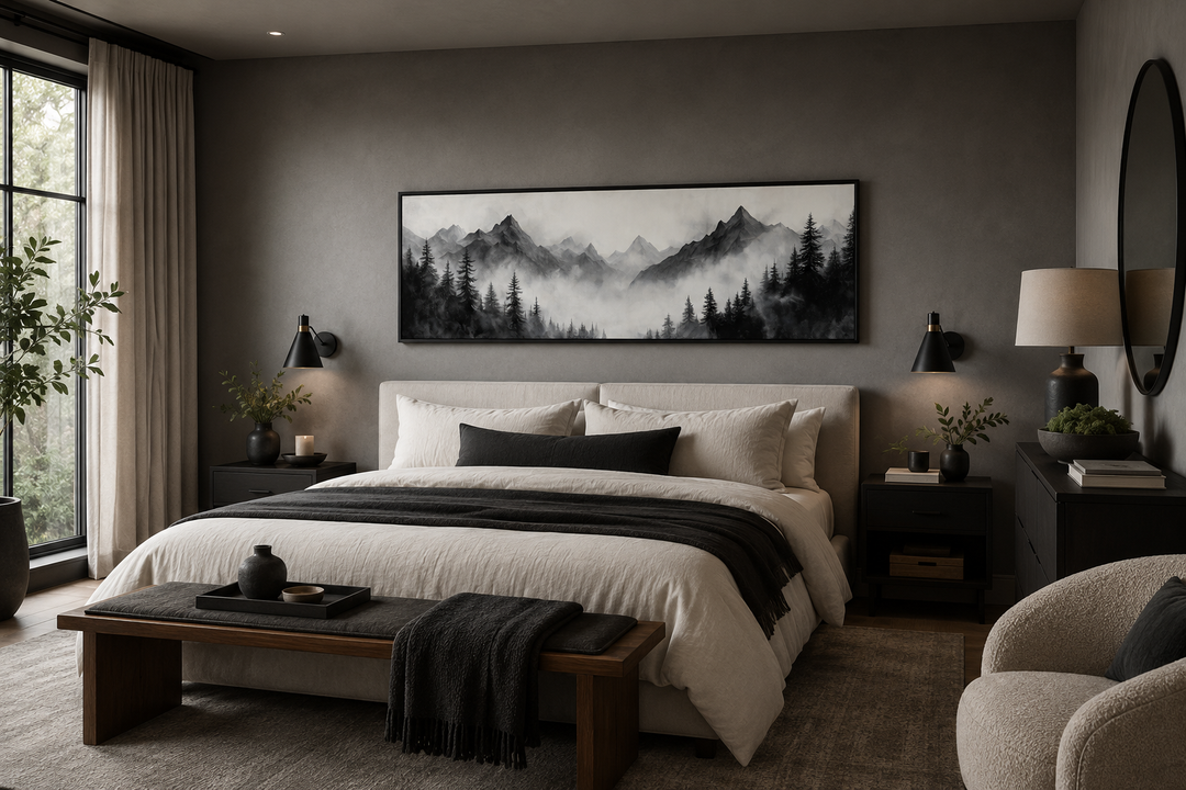 Black and white watercolor foggy mountain forest long horizontal wall art hanging above a bed.
