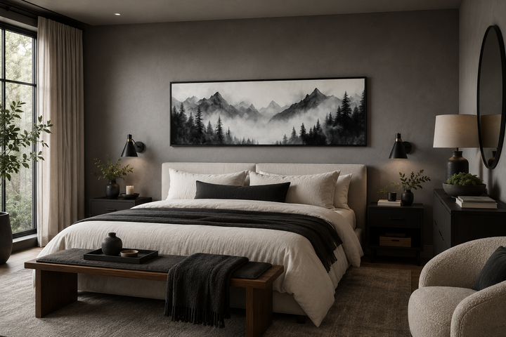 Black and white watercolor foggy mountain forest long horizontal wall art hanging above a bed.