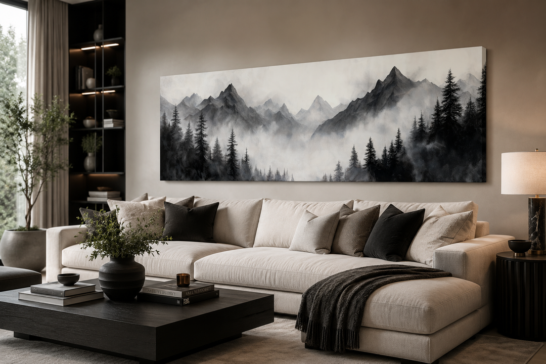 Black and white watercolor foggy mountain forest long horizontal wall art above a modern sofa.