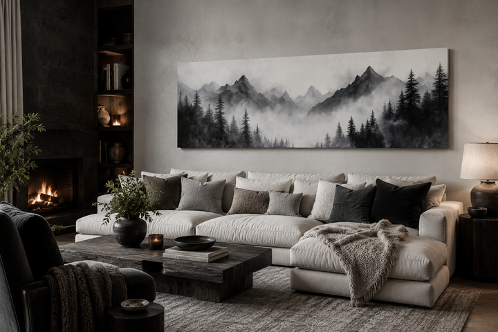 Black and white watercolor foggy mountain forest long horizontal wall art above a white sofa.