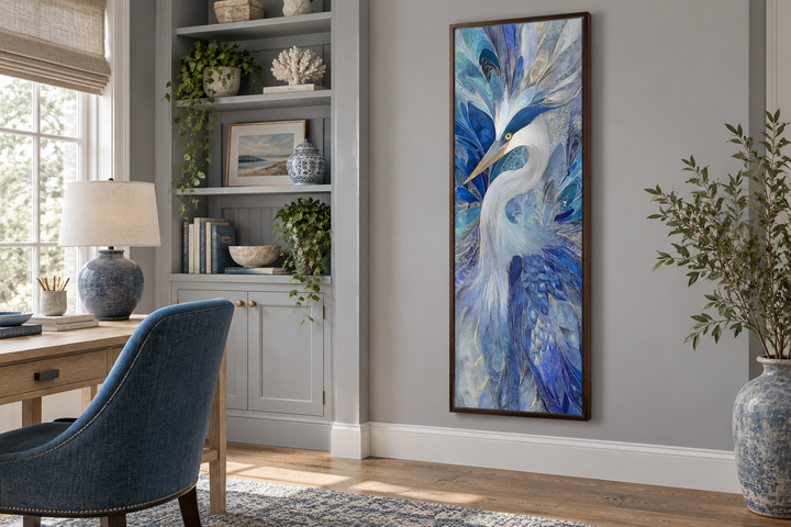 Vertical canvas print of an elegant blue heron with abstract textures in a modern home office.