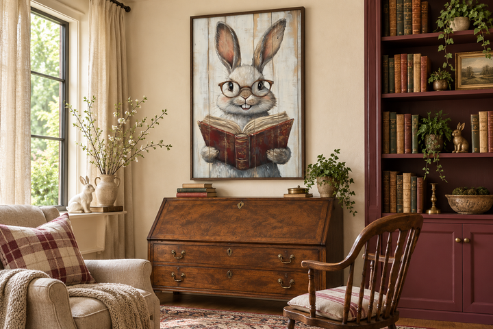 Smart Bunny Reading A Book Framed Canvas Wall Art in a rustic library setting.