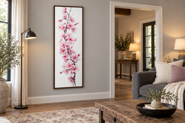 Vertical framed canvas wall art featuring pink watercolor cherry blossoms in a modern living room.