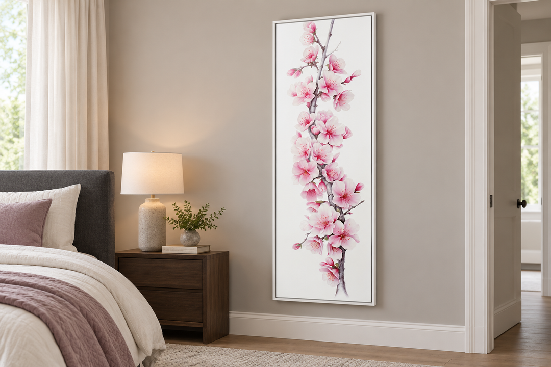 Long narrow vertical framed canvas wall art featuring pink watercolor cherry blossom sakura flowers.