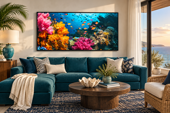 Underwater coral reef and fish photography style wall art above a teal sectional sofa.