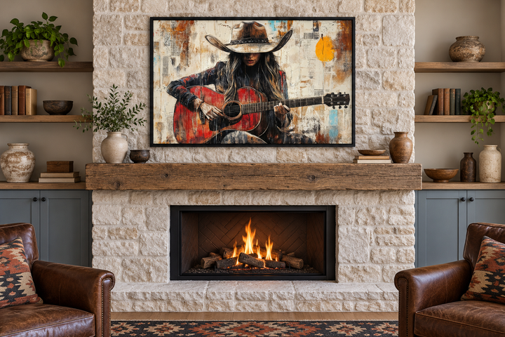 Cowgirl playing a red guitar framed canvas wall art mounted above a rustic stone fireplace.