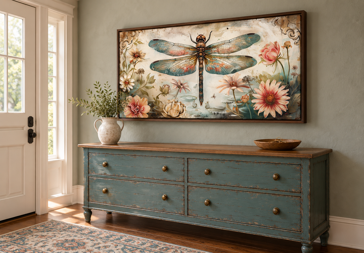 Framed canvas wall art featuring a rustic dragonfly and floral illustration in a farmhouse setting.