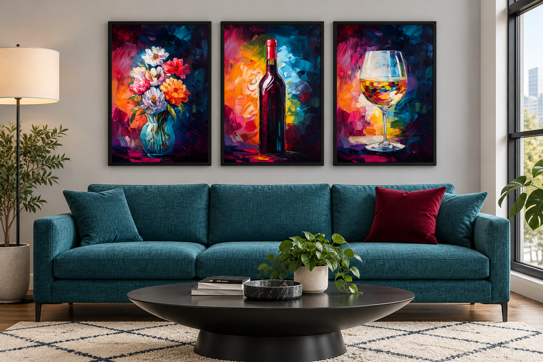 Set of three colorful canvas prints of a flower vase, wine bottle, and wine glass above a teal sofa.