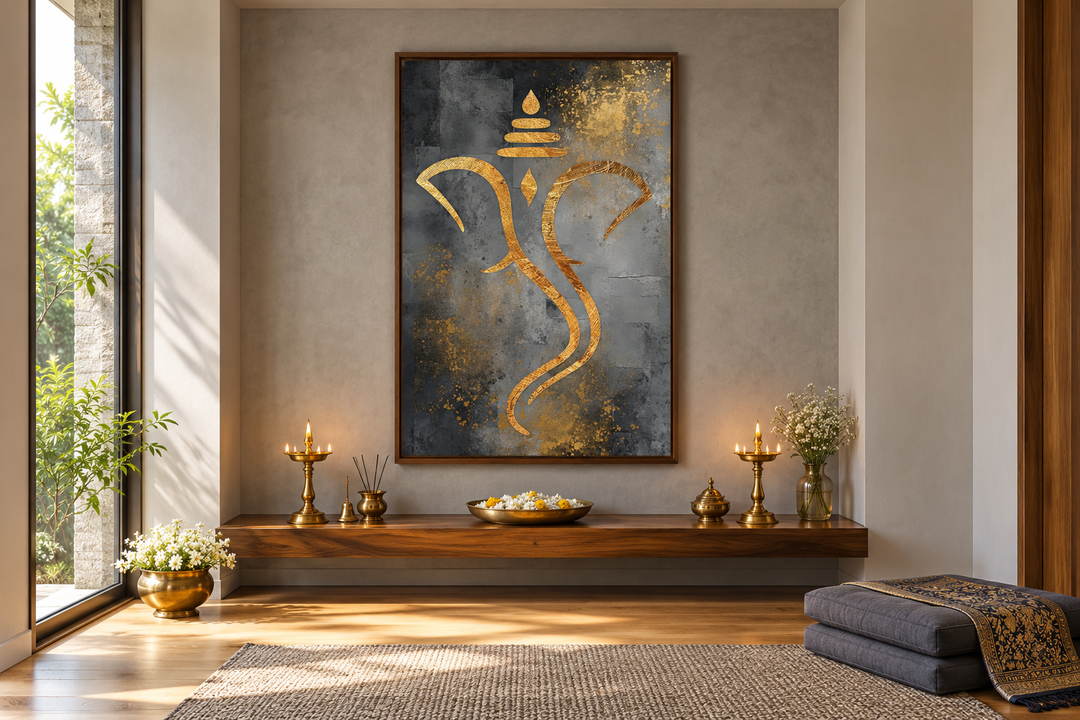 Grey and gold minimalist Lord Ganesha framed canvas wall art in a modern meditation room.