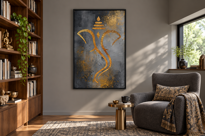 Grey and gold minimalist Lord Ganesha framed canvas wall art in a modern living room setting.
