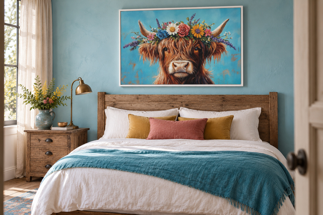 Highland Cow with Floral Wreath Farmhouse Canvas Wall Art hanging above a rustic wooden bed.