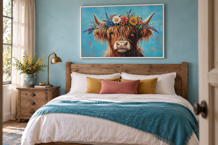 Highland Cow with Floral Wreath Farmhouse Canvas Wall Art hanging above a rustic wooden bed.