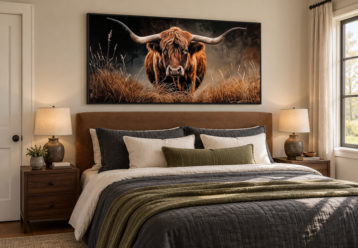 Framed highland cow canvas painting above a bed in a rustic farmhouse style bedroom.
