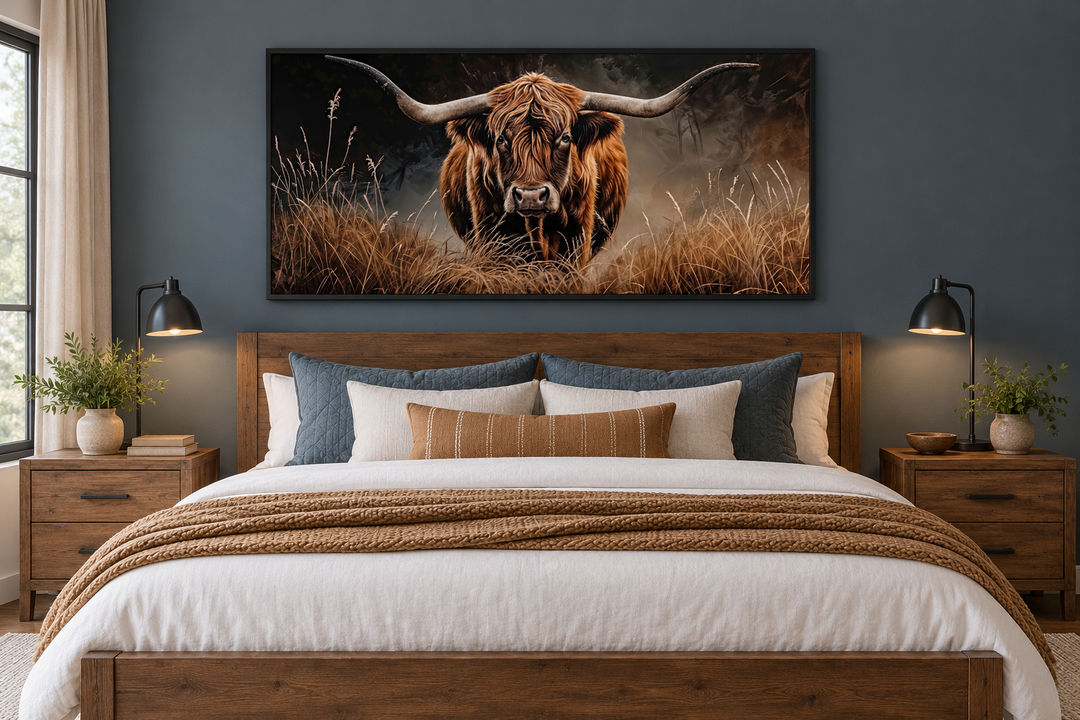 Framed highland cow canvas painting above a wooden bed in a rustic farmhouse bedroom.