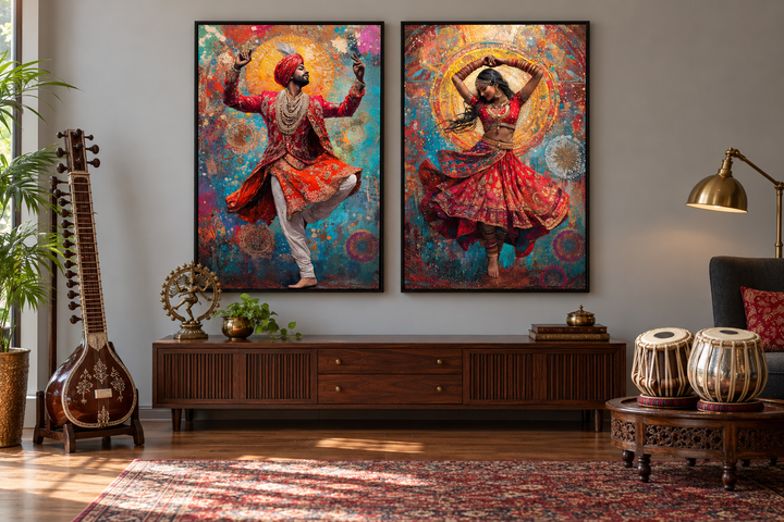 Two framed canvas prints of an Indian man and woman dancing in vibrant traditional attire.