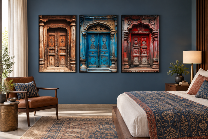 Set of three framed canvas prints featuring intricately carved brown, blue, and red Indian doors.