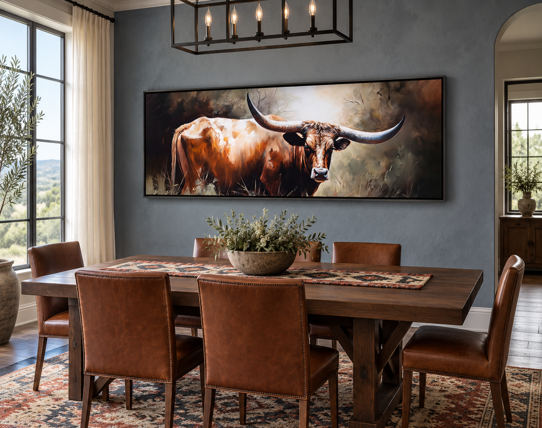 Texas Longhorn Steer panoramic framed canvas wall art above a dining table in a rustic room.