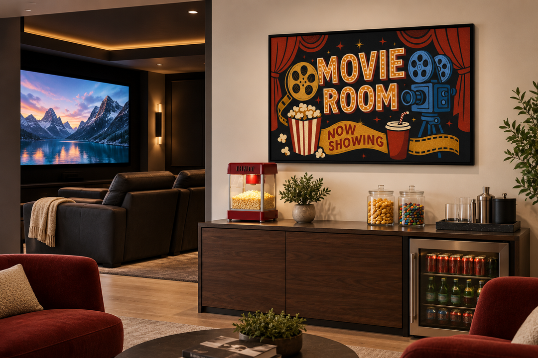 Retro Movie Room canvas wall art featuring a vintage camera, popcorn, and drink above a snack bar.