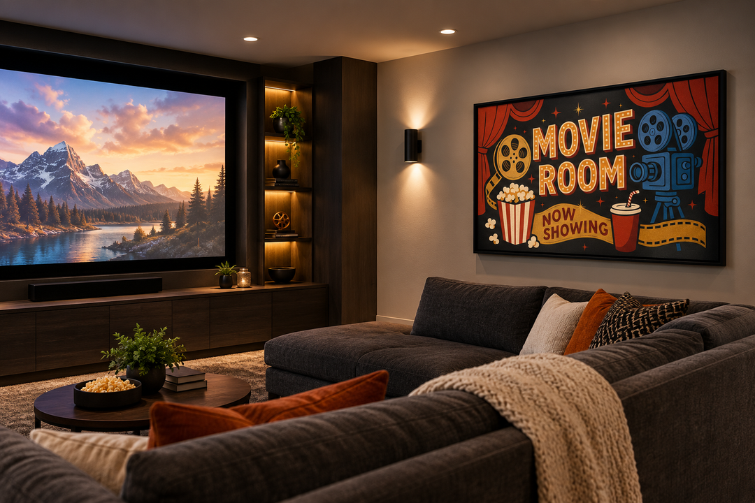 Retro Movie Room canvas wall art with vintage camera, popcorn, and drink in a home theater setting.