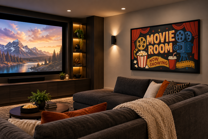 Retro Movie Room canvas wall art with vintage camera, popcorn, and drink in a home theater setting.