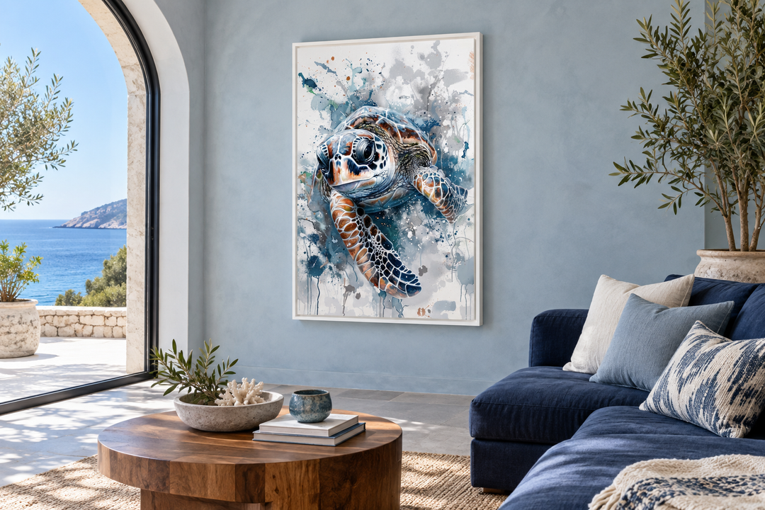 Blue Sea Turtle Beach House Framed Canvas Wall Art in a coastal living room setting.