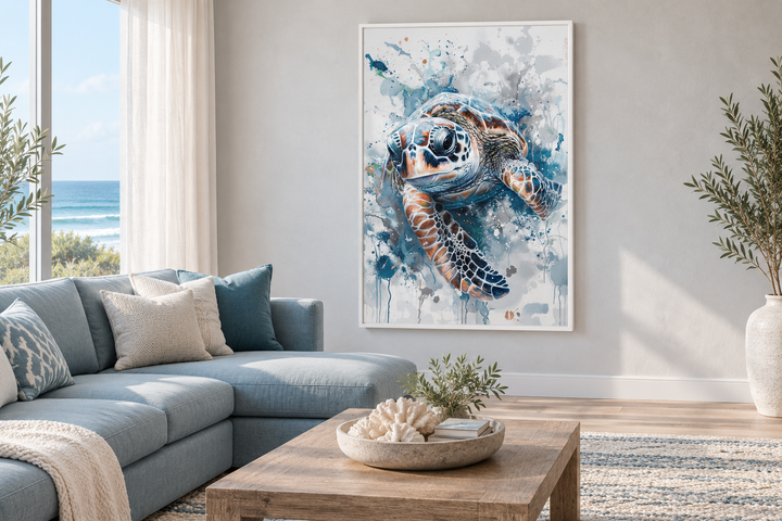 Blue sea turtle framed canvas wall art in a coastal living room with ocean views.