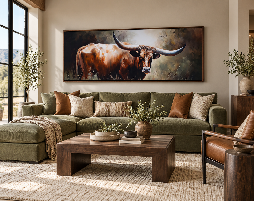 Panoramic framed canvas wall art of a Texas Longhorn steer above a green sectional sofa.