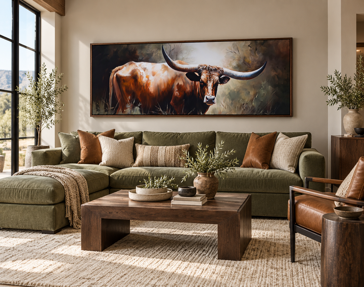 Panoramic framed canvas wall art of a Texas Longhorn steer above a green sectional sofa.