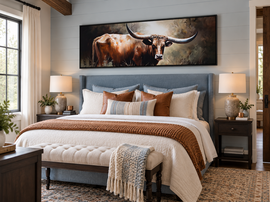 Panoramic framed canvas wall art of a Texas Longhorn steer hanging above a bed in a bedroom.