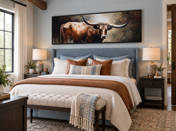 Panoramic framed canvas wall art of a Texas Longhorn steer hanging above a bed in a bedroom.
