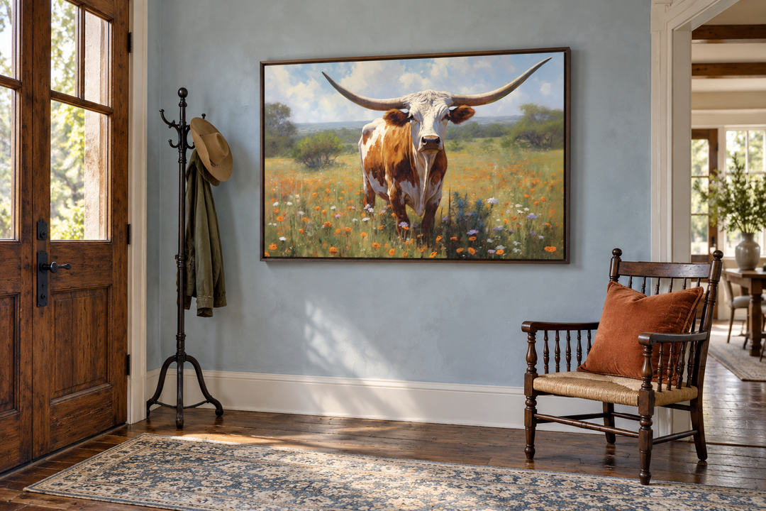 Framed canvas painting of a Texas Longhorn cow standing in a field of wildflowers on a blue wall.