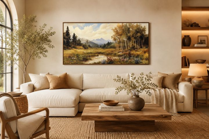 Vintage pastoral nature autumn landscape framed canvas wall art above a cream sectional sofa.