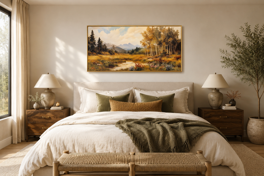 Vintage pastoral autumn landscape framed canvas wall art hanging above a bed in a neutral bedroom.