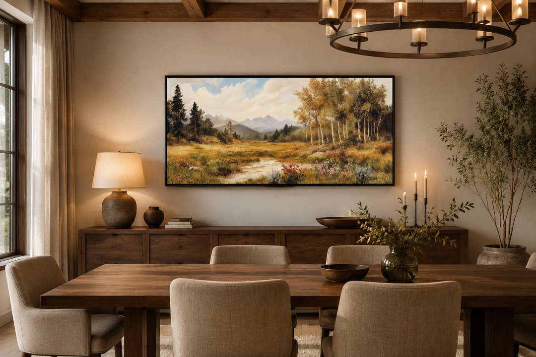 Vintage pastoral nature autumn landscape framed canvas wall art hanging above a dining table.