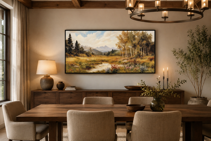 Vintage pastoral nature autumn landscape framed canvas wall art hanging above a dining table.