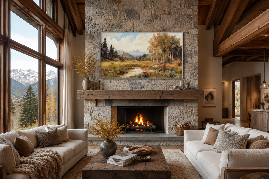 Vintage pastoral autumn landscape framed canvas wall art hanging above a stone fireplace.
