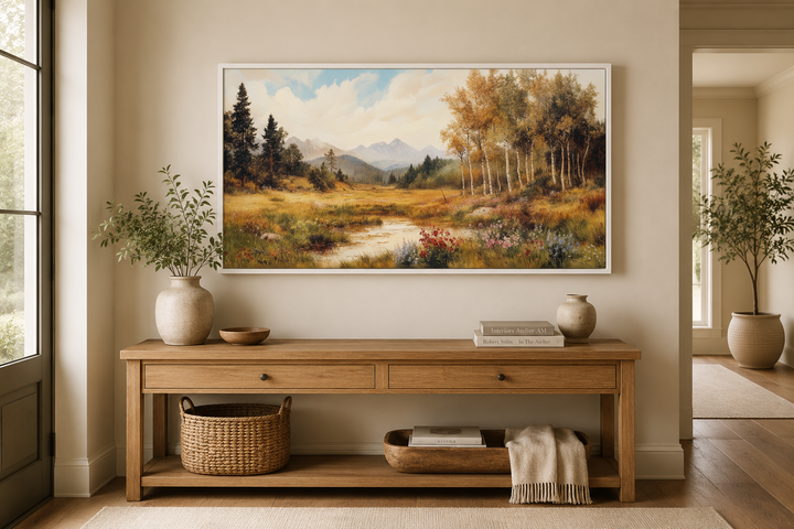 Vintage pastoral nature autumn landscape framed canvas wall art above a wooden console table.