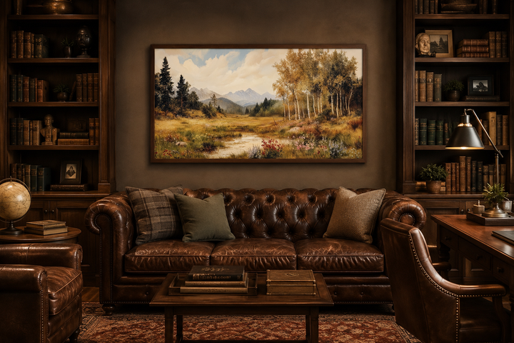 Vintage pastoral nature autumn landscape framed canvas wall art hanging above a brown leather sofa.