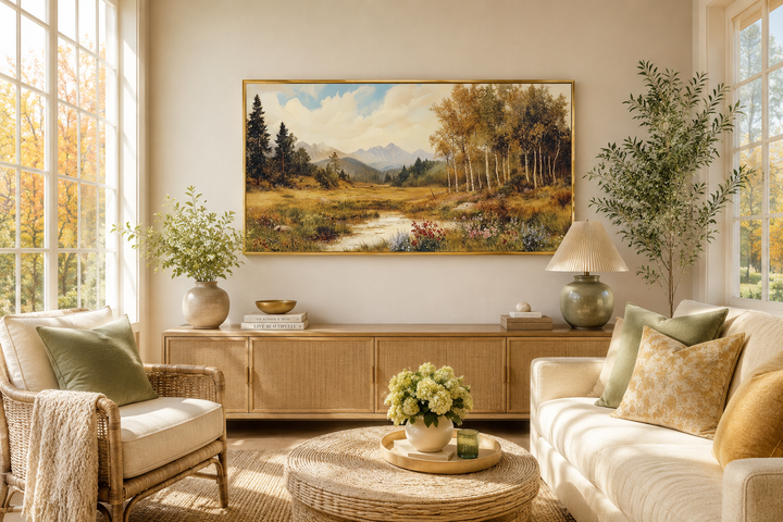 Vintage framed canvas wall art of a pastoral autumn landscape with mountains, trees, and a stream.