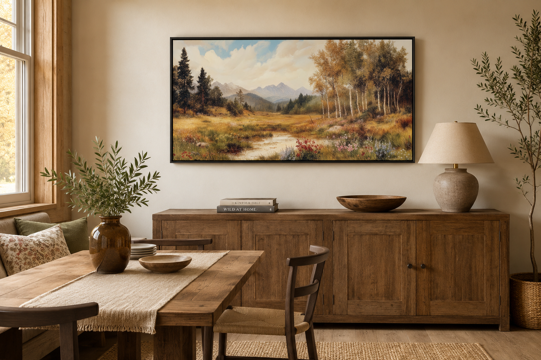 Vintage pastoral nature autumn landscape framed canvas wall art hanging above a wooden sideboard.