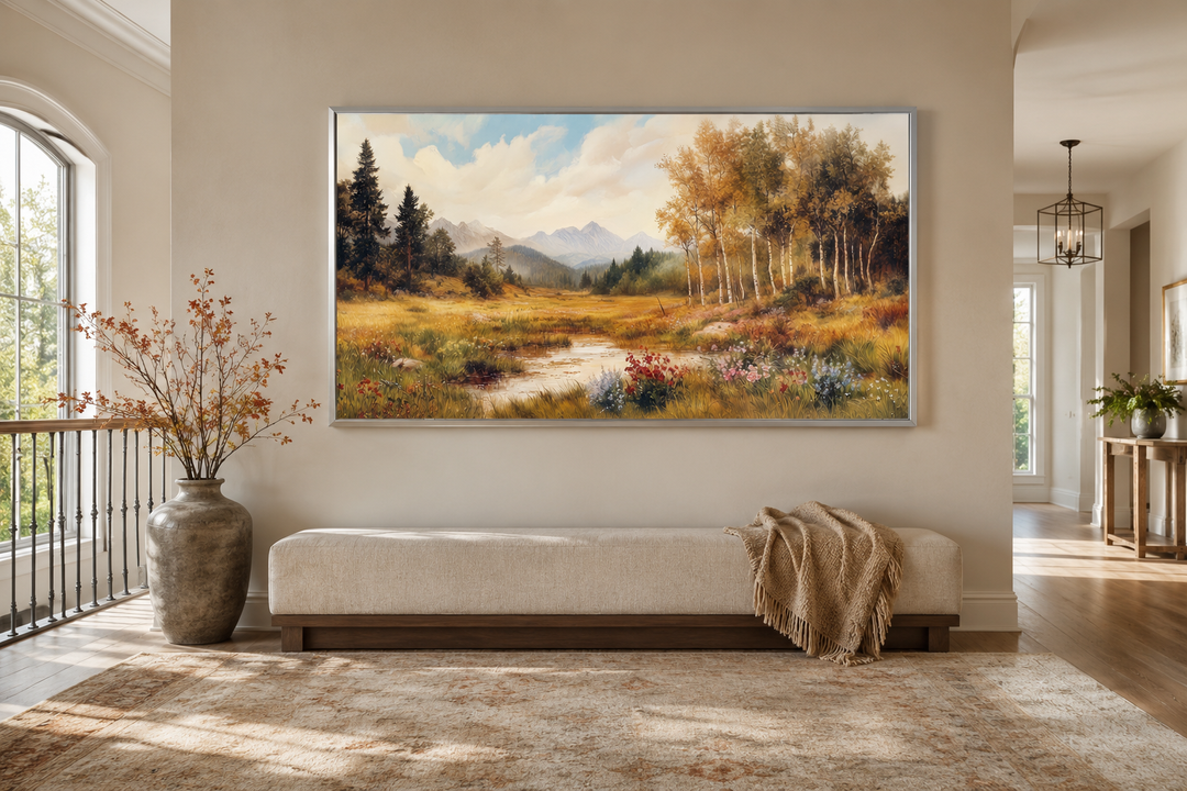 Vintage autumn landscape framed canvas wall art featuring a golden meadow, mountains, and trees.