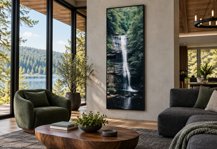 Tall narrow vertical framed canvas wall art of a serene waterfall in a lush green forest.