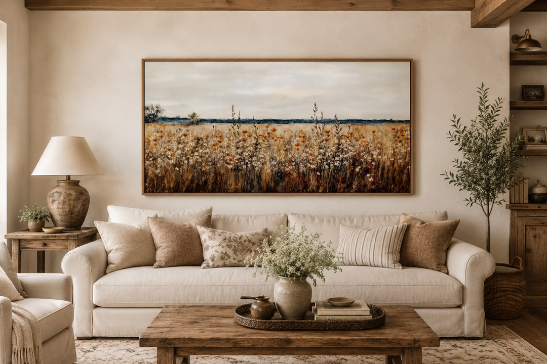 Antique rustic wildflowers field framed canvas wall art above a cream sofa in a farmhouse living room