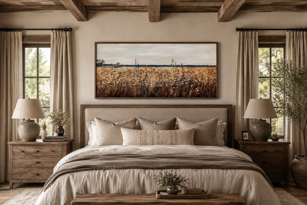 Antique rustic wildflowers field framed canvas wall art hanging above a bed in a farmhouse bedroom.
