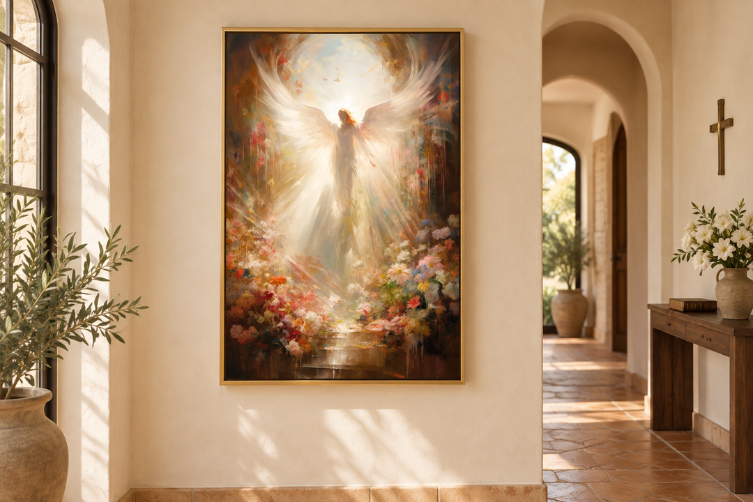 Angel in Heaven with heavenly light Christian framed canvas wall art in a Mediterranean hallway.