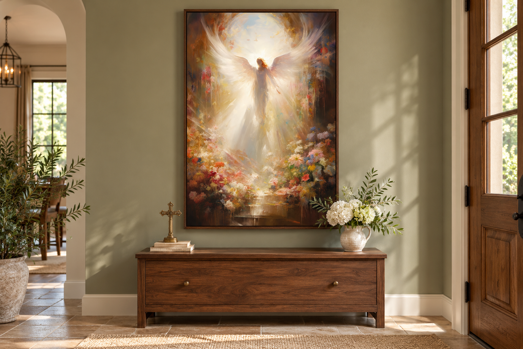 Angel in Heaven Christian framed canvas wall art above a wooden bench in a farmhouse entryway.